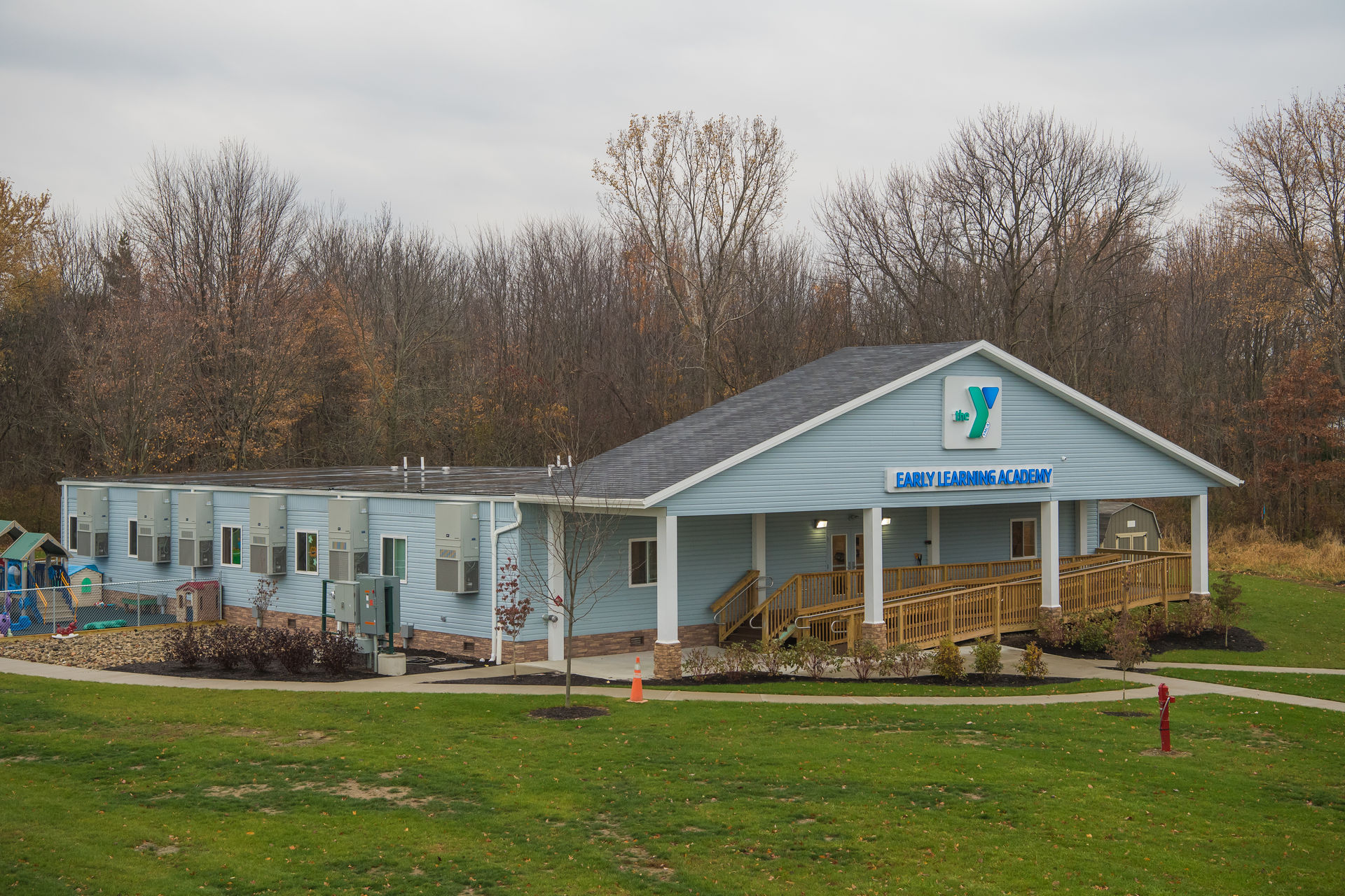 Modular construction building with a blue roof located in Pedricktown, NJ